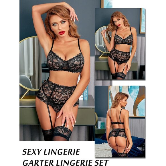 Women Black Lingerie Set High Waisted Underwire Lingerie With Garter Belt Lace - Picture 2 of 6